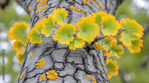 Bright autumn leaves on a tree with vibrant yellow, orange, and red foliage in a park under the sunlight photo