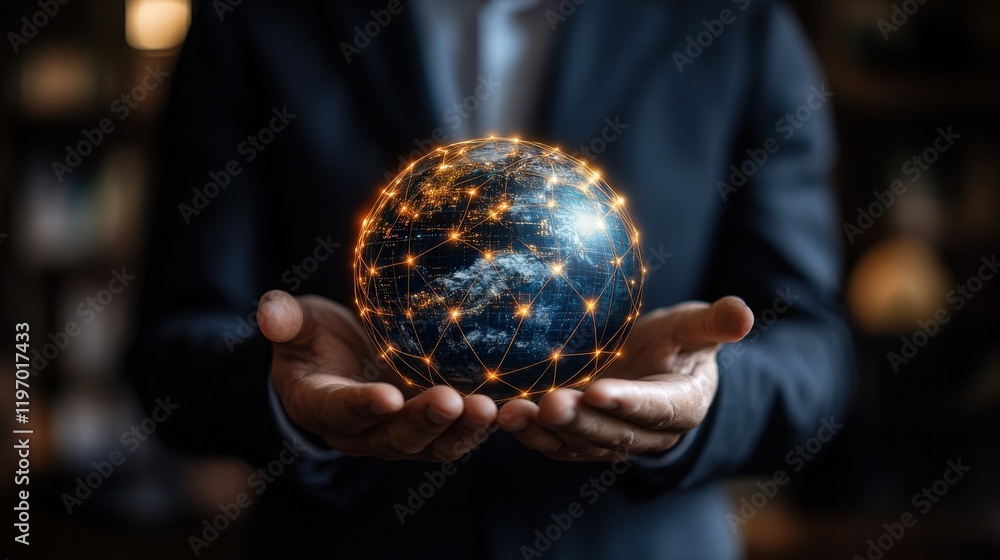 Fototapeta premium Businessman holding global network, connecting continents. Use Global business, technology concept