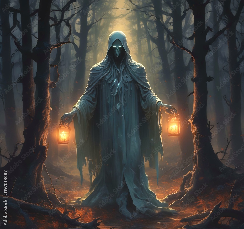 Illustration of glowing ghost in creepy forest. Illustration of glowing ghost in creepy forest.
