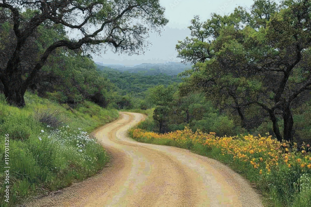 Serene Winding Dirt Road Surrounded by Lush Green Trees and Colorful Wildflowers in a Tranquil Nature Landscape Serene Winding Dirt Road Surrounded by Lush Green Trees and Colorful Wildflowers in a Tranquil Nature Landscape