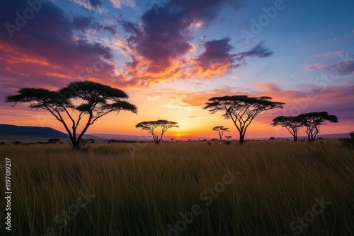Breathtaking Sunset Over a Vast African Savannah with Silhouetted Acacia Trees and Vibrant Skies Filled with Purple and Orange Hues