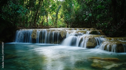 Serene Waterfall Cascades Through Lush Green Forest