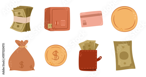 Money earnings and savings. Vector in flat style, isolated set of dollars and coins. Cashback and banking, deposit and credit card usage. Wallet or purse with banknote bills. Cash and currency