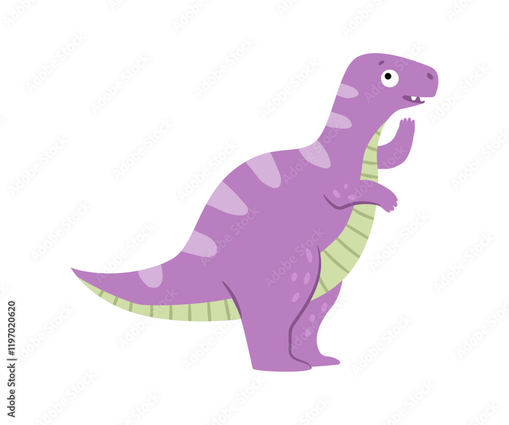 Cute Tyrannosaurus character, carnivorous creature from cretaceous period with small arms. Vector prehistoric animal, isolated jurassic reptile with surprised facial expression. Dino with spots Cute Tyrannosaurus character, carnivorous creature from cretaceous period with small arms. Vector prehistoric animal, isolated jurassic reptile with surprised facial expression. Dino with spots