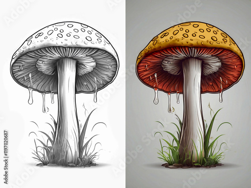 The picture is black and white for coloring and the picture is colored for the mushroom sample