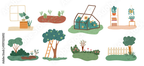 Greenhouse with blooming flowers, flowers in pots at home. Vector in flat style, isolated set of empty sceneries for gardeners and farmers. Soil with vegetable and fruits growing, eco lifestyle