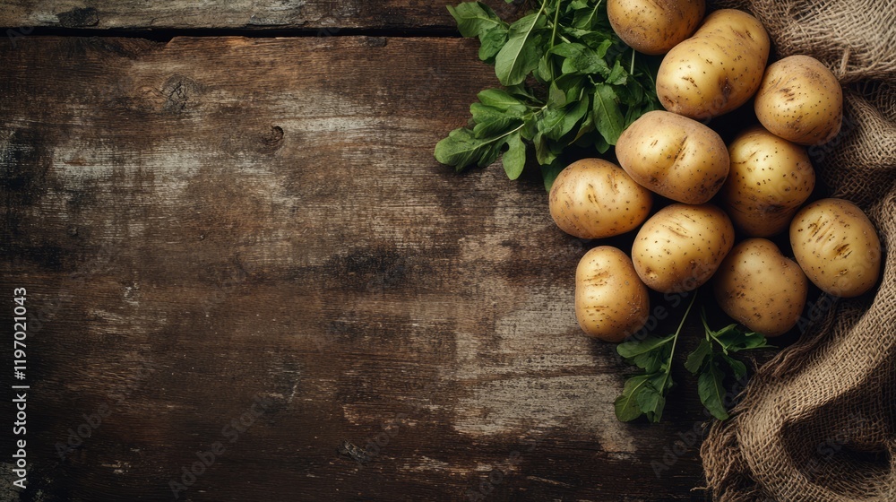 A cluster of freshly harvested potatoes is placed on a rustic wooden surface, accompanied by vibrant green leaves. The arrangement showcases their natural texture and color