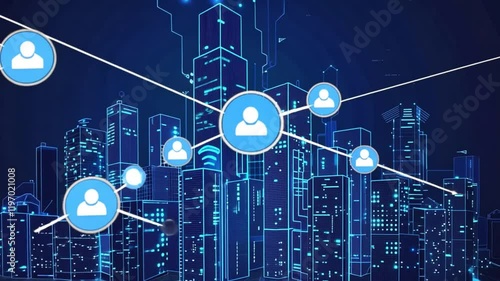 A smart city with digital cloud connections, linking buildings and networks, representing futuristic technology, artificial intelligence, and seamless communication in an urban environment.	 photo