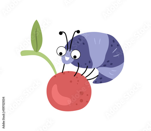 Smiling caterpillar sitting on cherry. Vector isolated funny creature with long segmented cylindrical body with stripes and pairs of legs. Larval stage of butterflies and moths with fruit