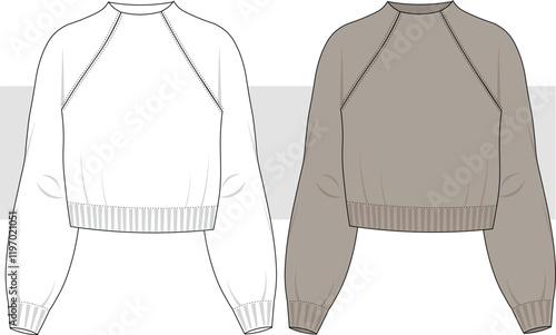 Unisex women's raglan sweater, Sweater technical fashion illustration. Flat apparel sweater template CAD mock-up.