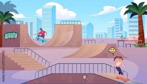 Vector illustration of a skate park with a girl and a guy on skateboards.