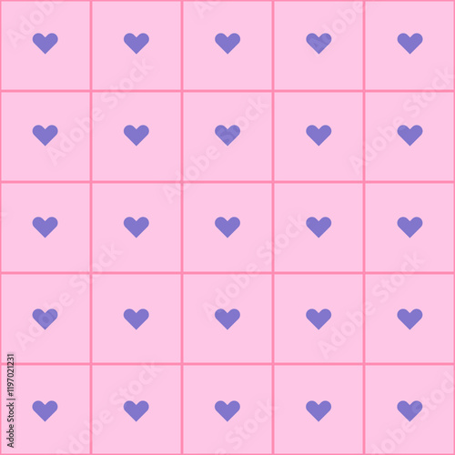 Seamless geometric pattern with small purple hearts in outlined squares on a pastel pink background. Cute aesthetic design for girly-themed projects, scrapbooking, packaging, etc.