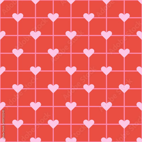 Seamless geometric pattern with hearts on an orange grid background. Whimsical design for modern bright projects, scrapbooking, textiles, packaging, etc.