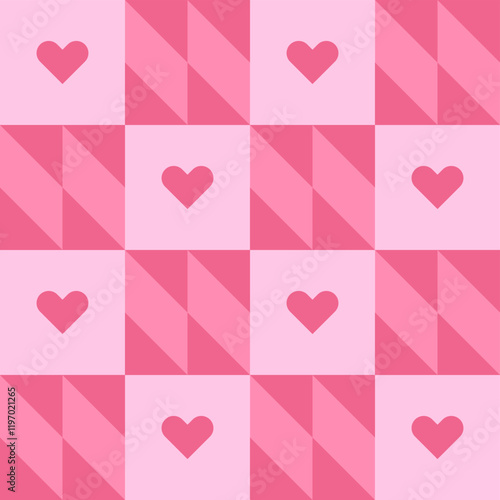 Geometric pattern with hearts in squares in pink shades. Seamless vector background with modular rectangles in retro style 