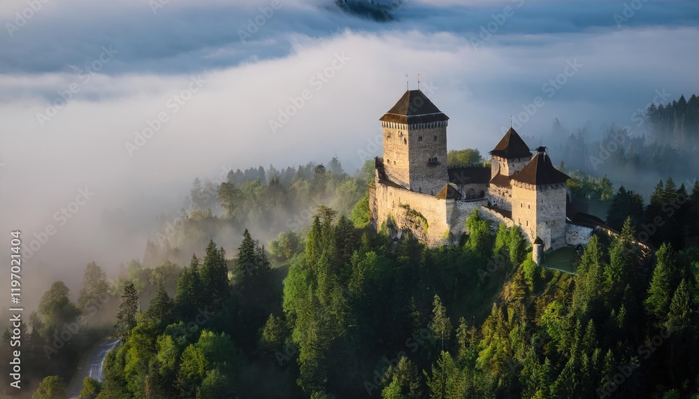 A medieval castle surrounded by dense fog and trees, evoking mystery and adventure A medieval castle surrounded by dense fog and trees, evoking mystery and adventure