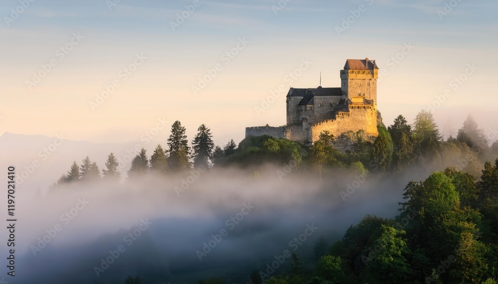 A medieval castle surrounded by dense fog and trees, evoking mystery and adventure A medieval castle surrounded by dense fog and trees, evoking mystery and adventure