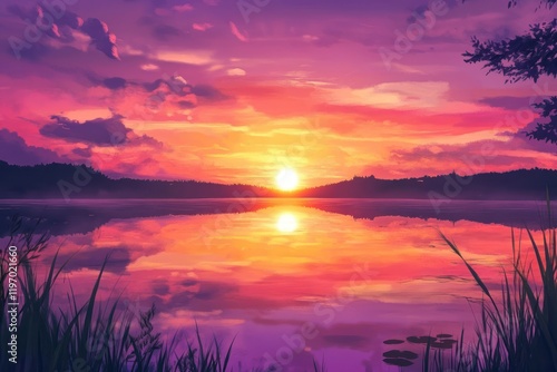 Beautiful Serene Sunset Over Calm Lake Reflecting Vibrant Colors of Nature, Peaceful Scenery with Clouds and Grass, Perfect for Relaxation and Inspiration photo