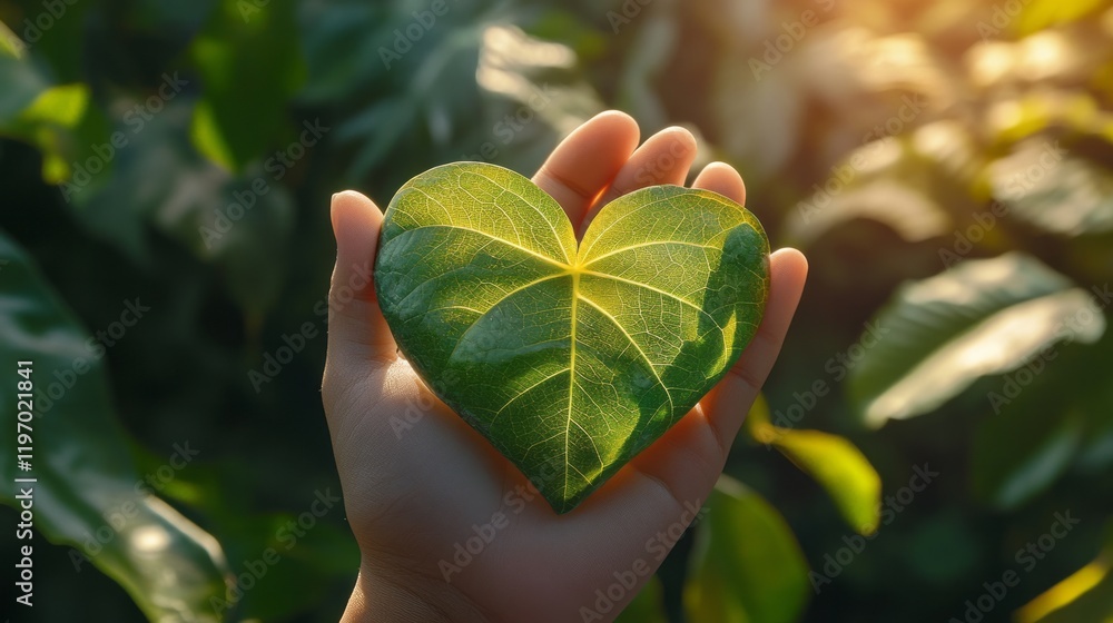 A hand cradles a vibrant heart-shaped leaf, illuminated by soft sunlight. The lush green plants surrounding the scene create a serene and tranquil atmosphere during early evening A hand cradles a vibrant heart-shaped leaf, illuminated by soft sunlight. The lush green plants surrounding the scene create a serene and tranquil atmosphere during early evening