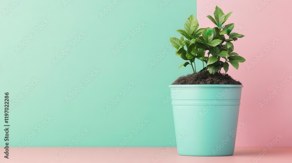 A small green plant in a mint-colored pot against a pastel pink and green background, creating a fresh and modern aesthetic. A small green plant in a mint-colored pot against a pastel pink and green background, creating a fresh and modern aesthetic.