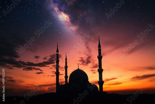 Majestic Silhouette of a Mosque Against a Vibrant Sunset and Celestial Sky with Stars and Milky Way Brilliance in the Background