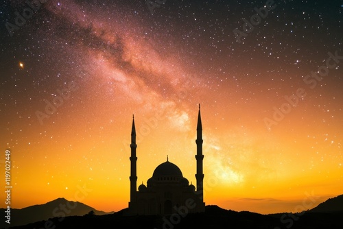 Majestic Mosque Silhouette Against a Starry Sky and Vibrant Sunset, Capturing the Beauty of Islamic Architecture and Nature in Perfect Harmony