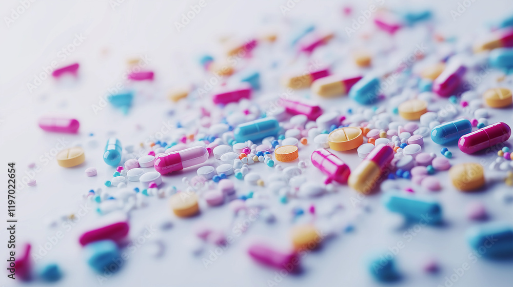 A variety of tablets and capsules scattered on a clean white surface A variety of tablets and capsules scattered on a clean white surface