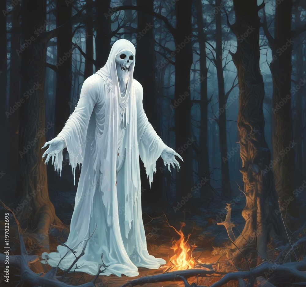 Illustration of glowing ghost in creepy forest. Illustration of glowing ghost in creepy forest.