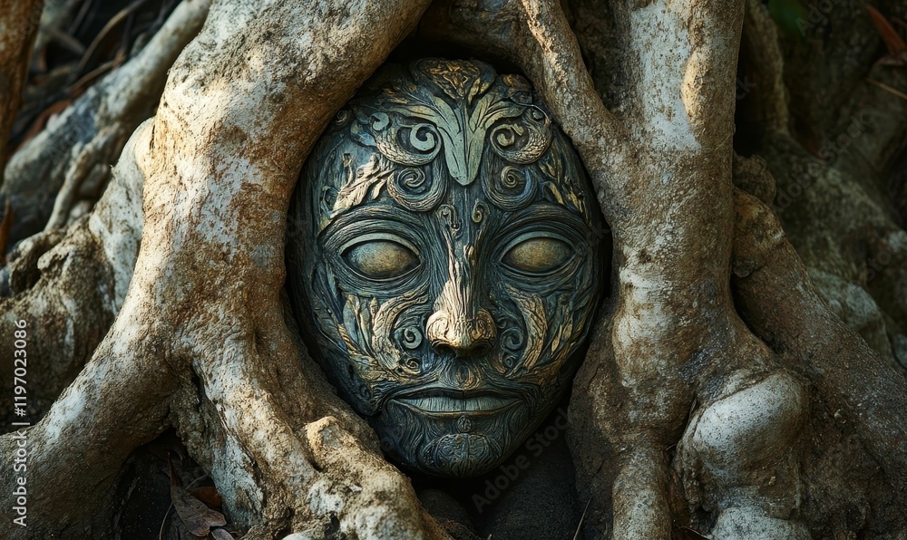 Carved face surrounded by intertwined tree roots. Carved face surrounded by intertwined tree roots.