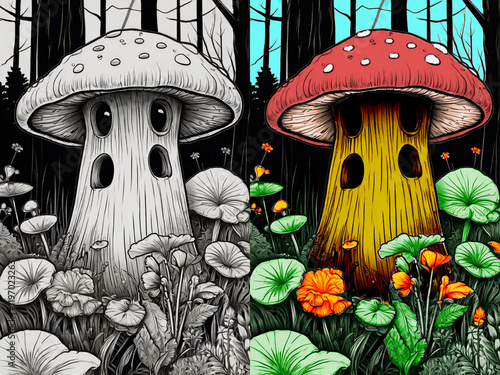 The picture is black and white for coloring and the picture is colored for the mushroom sample