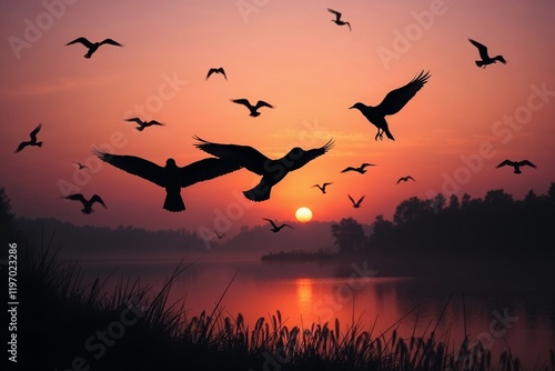 Silhouetted birds flying over a lake at sunset photo