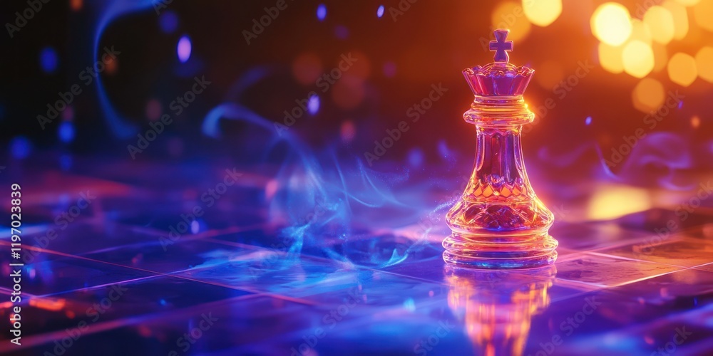 Glass king chess piece on board, fiery bokeh Glass king chess piece on board, fiery bokeh