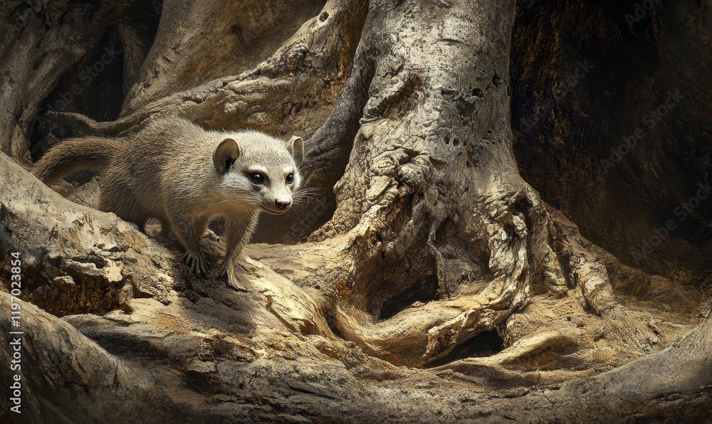 Small, furry animal stands by tree root cave. Small, furry animal stands by tree root cave.