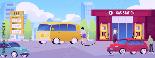 Vector illustration of a gas station with people, vehicles and an urban landscape.