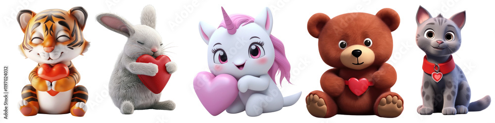 PNG Adorable plush animals with hearts, element set on transparent background PNG Adorable plush animals with hearts, element set on transparent background
