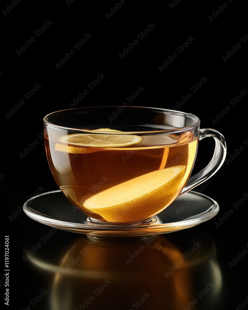Glass teacup, lemon, dark background, refreshment Glass teacup, lemon, dark background, refreshment