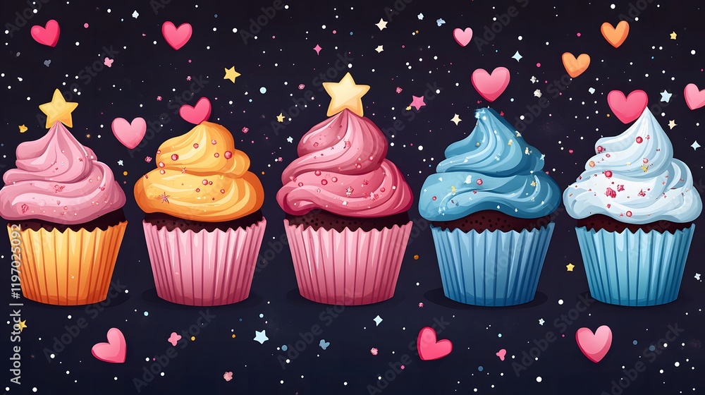 A whimsical flat design of February-themed cupcakes, with decorations like hearts, stars, and frosty toppings, colorful and fun A whimsical flat design of February-themed cupcakes, with decorations like hearts, stars, and frosty toppings, colorful and fun