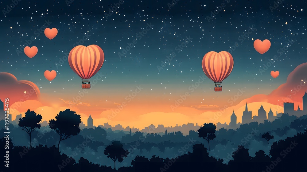 Obraz premium A flat cartoon design of a romantic hot air balloon ride over a scenic February landscape, with heart-shaped balloons and a starry sky