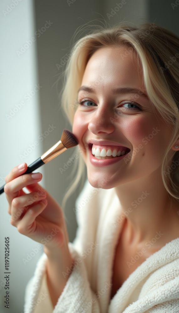 A cheerful young woman with blonde hair smiles brightly while applying blush with a makeup brush, radiating confidence and joy. Her soft, natural beauty is enhanced by the cozy atmosphere, showcasing A cheerful young woman with blonde hair smiles brightly while applying blush with a makeup brush, radiating confidence and joy. Her soft, natural beauty is enhanced by the cozy atmosphere, showcasing