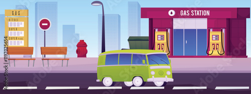 Vector illustration with urban landscape: atobus is driving along the road past a gas station