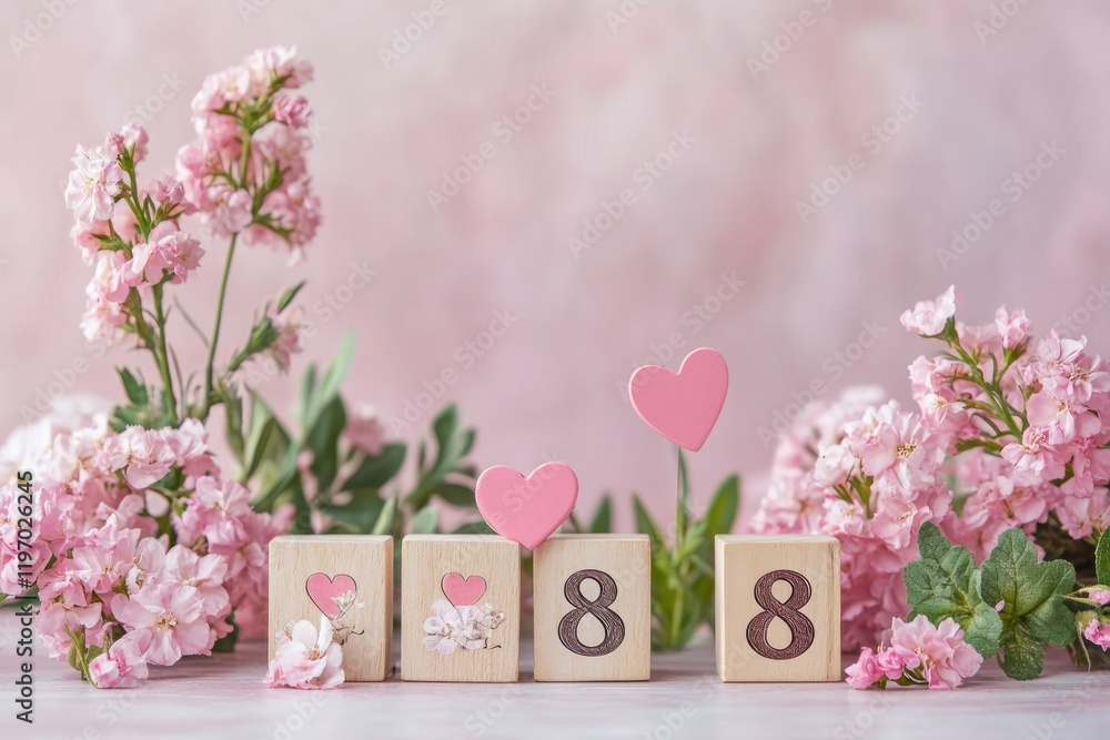 Obraz premium Soft Pink Floral Arrangement with Wooden Blocks Displaying Number 8 Surrounded by Fresh Flowers and Heart Shapes for Celebrations and Anniversaries