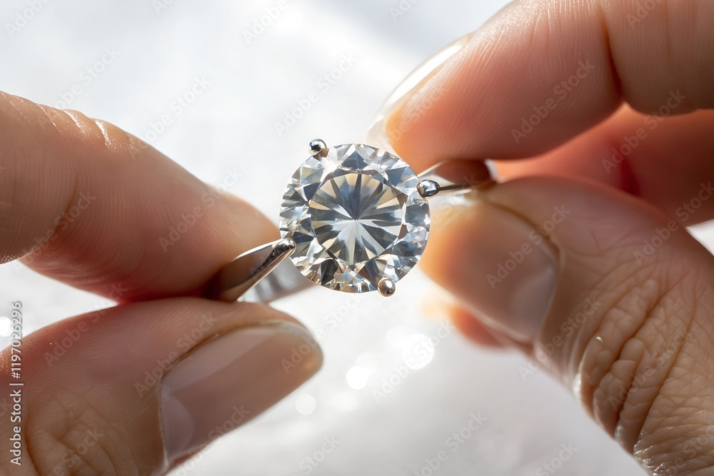 Diamond engagement ring in hand Diamond engagement ring in hand