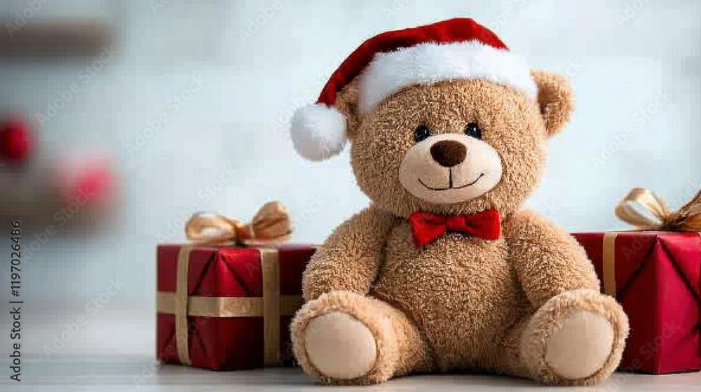 A teddy bear wearing a Santa hat, sitting among presents. A teddy bear wearing a Santa hat, sitting among presents.