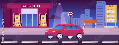 Vector illustration with car is driving along the road past a gas station