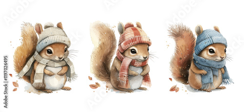 Cute cartoon winter squirrel wearing a scarf and beanie vector illustration isolated on white background