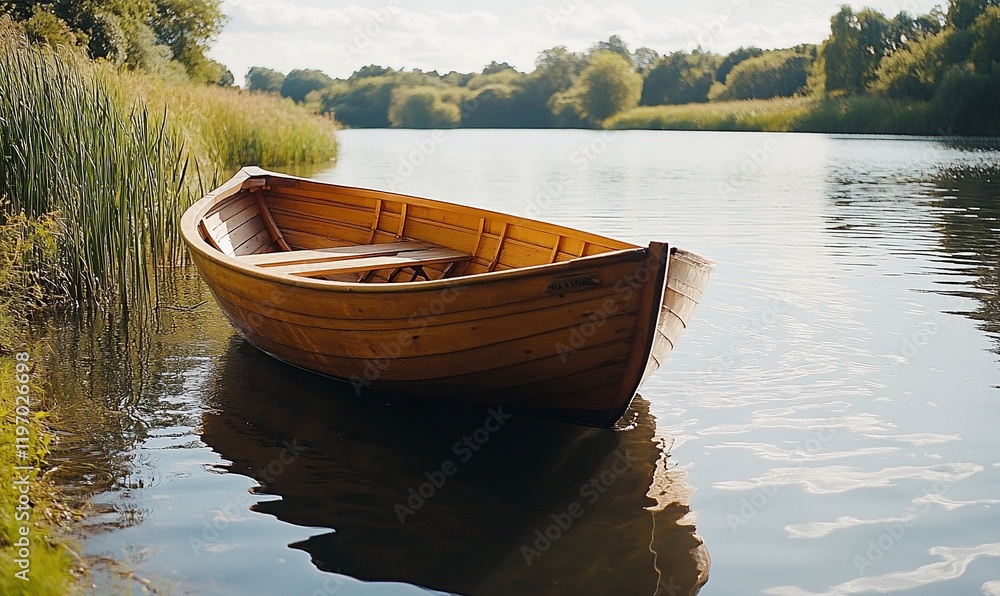 Obraz premium Wooden rowboat on calm river, tranquil nature. Use Relaxation, travel