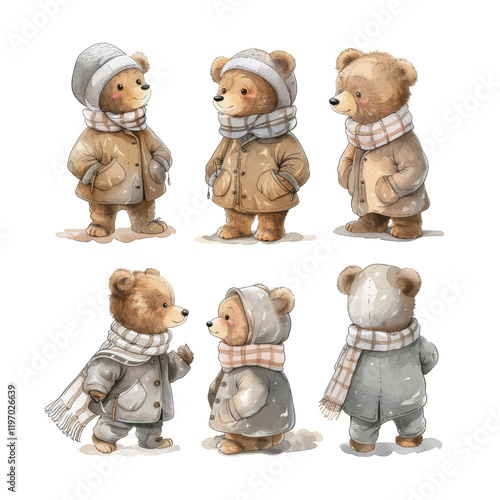 Cute bear holding red cup of hot drink and warming hands in the winter cold weather. Vector wintertime season illustration. .