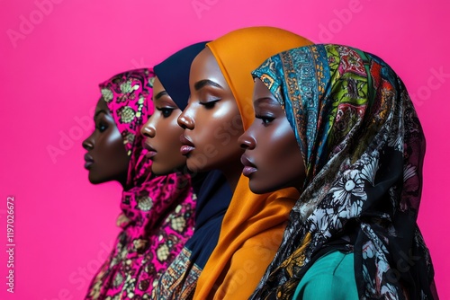 Four diverse women in colorful headscarves against a vibrant pink background, showcasing unity, culture, and elegance in contemporary fashion and beauty. photo