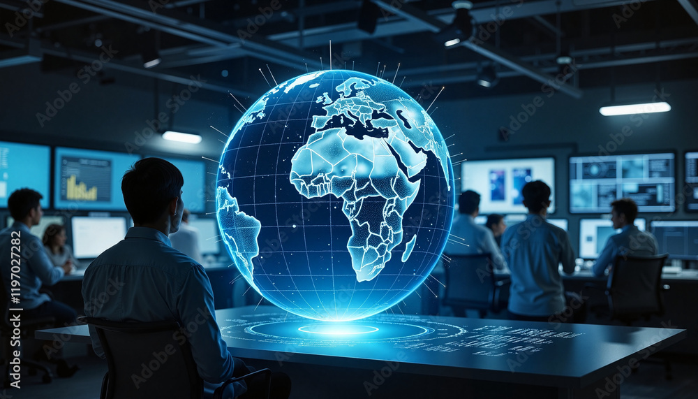 Scientists observing holographic Earth in futuristic control room, global AI network Scientists observing holographic Earth in futuristic control room, global AI network