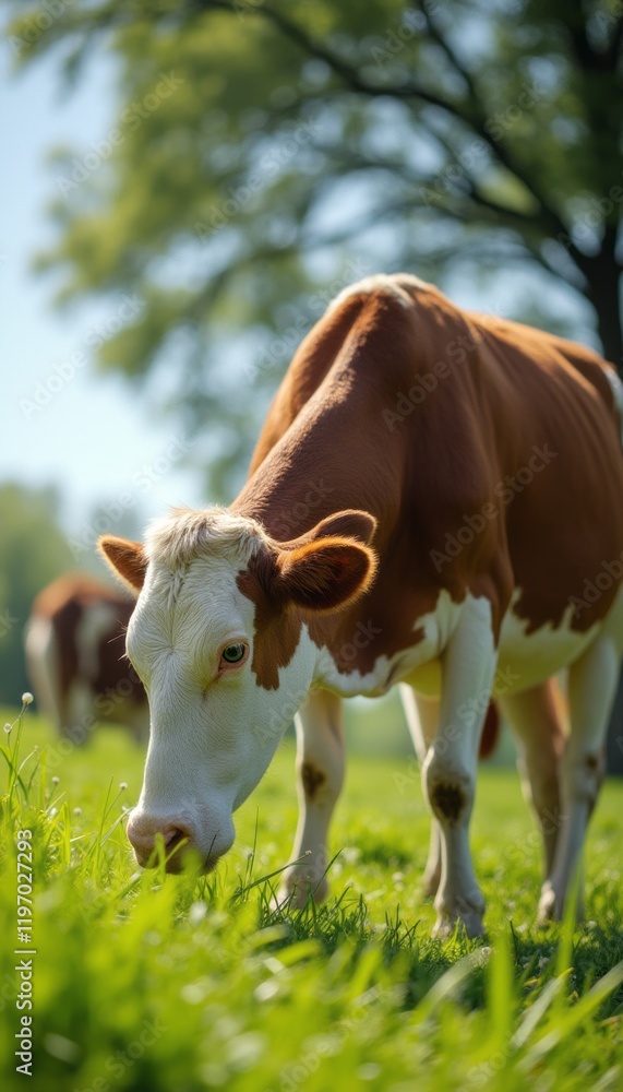 A charming brown and white cow grazes peacefully in a vibrant green pasture, surrounded by natures beauty. The image captures the essence of rural life, showcasing the cows gentle demeanor and the A charming brown and white cow grazes peacefully in a vibrant green pasture, surrounded by natures beauty. The image captures the essence of rural life, showcasing the cows gentle demeanor and the