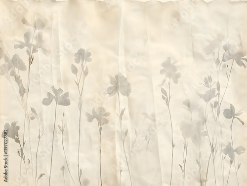 A weathered vintage paper pattern with soft beige tones, deckle edges, and faint tea stains, featuring subtle floral overlays